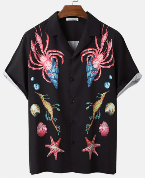 Mens Lobster Seahorse Print Revere Collar Black Holiday Shirt discountshub