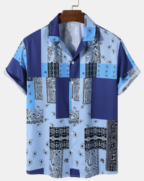 Mens Paisley Print Colorblock Short Sleeve Revere Collar Shirt discountshub