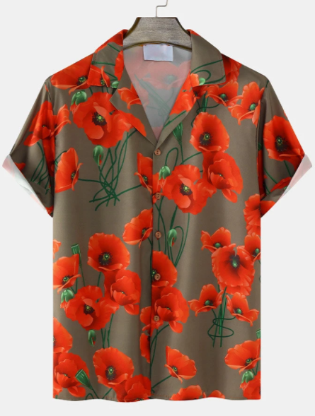 Mens Red Flower Printed Camp Collar Holiday Short Sleeve Shirts discountshub
