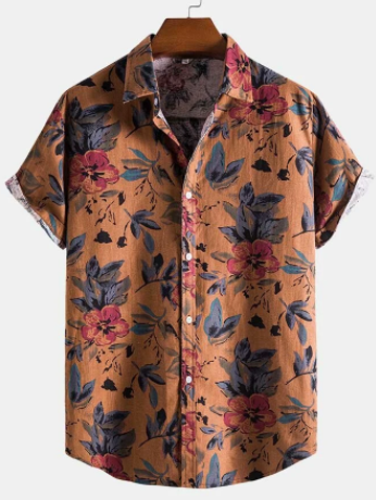 Mens Retro Floral Printed Lapel Cotton Short Sleeve Shirts discountshub