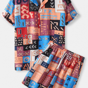 Mens Tribal Pattern Short Sleeve Revere Collar Shirt & Shorts Loungewear Set discountshub