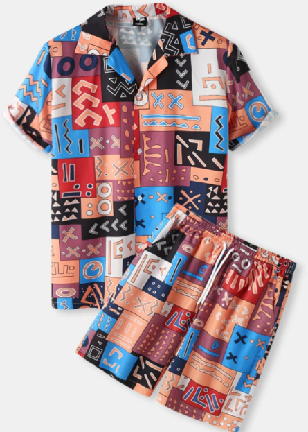 Mens Tribal Pattern Short Sleeve Revere Collar Shirt & Shorts Loungewear Set discountshub