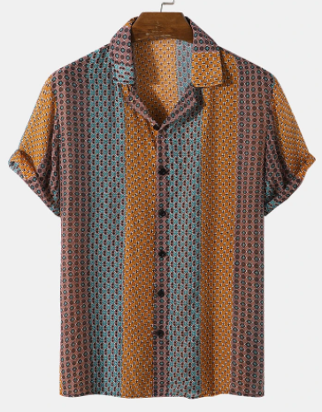 Mens Tribal Striped Pattern Revere Collar Short Sleeve Shirt discountshub