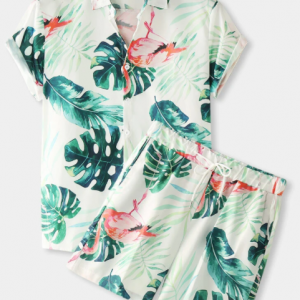 Mens Tropical Leaf Print Lapel Holiday Short Sleeve Two Piece Outfits discountshub