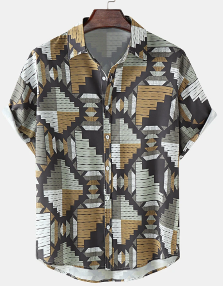 Mens Vintage Geometric Pattern Lapel Short Sleeve Shirt discountshub