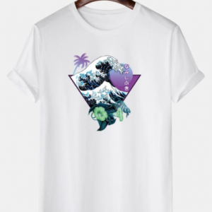 Mens Waves Print 100% Cotton Short Sleeve Japanese Style T-Shirt discountshub