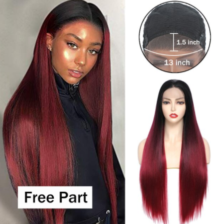 Ombre Red Wig Synthetic Lace Front Wigs for Black Women X-TRESS Long Strsight Natural Looking Free Part Lace Wigs Heat Resistant discountshub