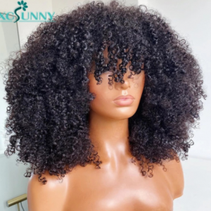 Afro Kinky Curly Wig With Bangs Full Machine Made Scalp Top Wig 200 Density Remy Brazilian Short Curly Human Hair Wigs Xcsunny discountshub