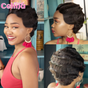 Celina Short Human Hair Wigs 6" Finger Wave Wig Black Brown Burgundy & Blonde Short Pixie Cut Wig Brazilian Remy Hair Free Ship discountshub