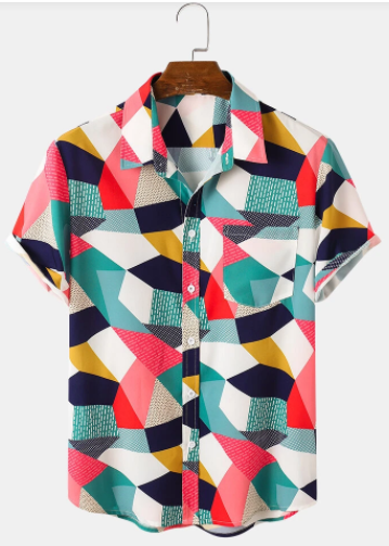Designer Mens Colorful Mixed Colorblock Lapel Holiday Short Sleeve Hawaiian Shirts discountshub