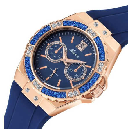MISSFOX Women's Watches Chronograph Rose Gold Sport Watch Ladies Diamond Blue Rubber Band Xfcs Analog Female Quartz Wristwatch discountshub