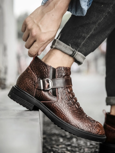 Men Stylish Crocodile Pattern Cow Leather Boots discountshub