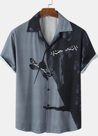 Mens All Over Contrast Dragonfly Print Lapel Street Short Sleeve Shirts discountshub