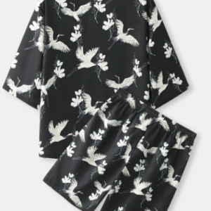 Mens All Over Crane Pirnt Ethnic Style Open Front Kimono Two Piece Outfits discountshub