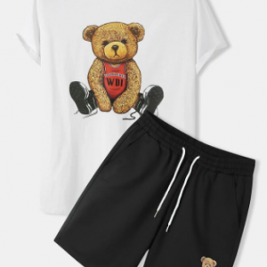 Mens Basketball Bear Print Crew Neck Preppy Two Pieces Outfits discountshub