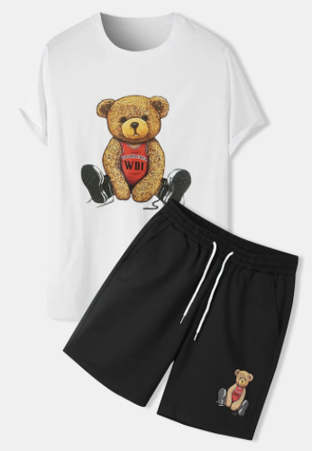 Mens Basketball Bear Print Crew Neck Preppy Two Pieces Outfits discountshub
