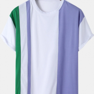 Mens Block Striped Patchwork Loose Preppy Short Sleeve T-Shirts discountshub