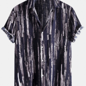 Mens Brush Print Lapel Street Cotton Linen Short Sleeve Shirts discountshub