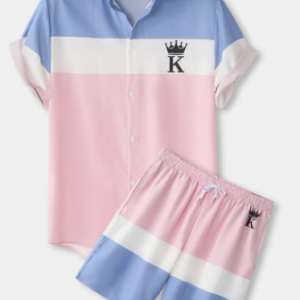 Mens Color Block Crown K Poker Print Lapel Short Two Pieces Outfits discountshub