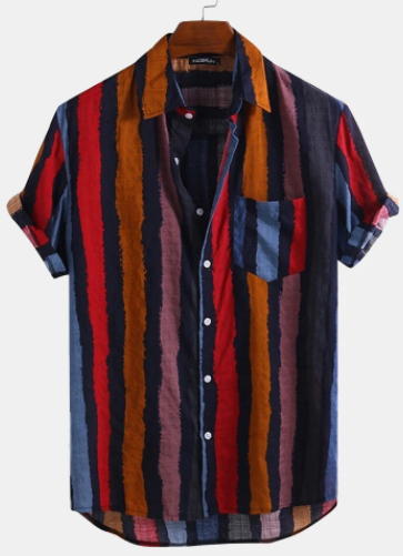Mens Color Striped Casual Short Sleeve Shirts Wtih Pocket discountshub