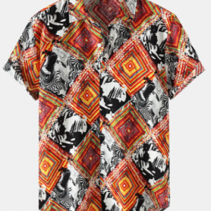 Mens Colorful Argyle Pattern Lapel Vintage Short Sleeve Shirts discountshub