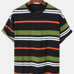 Mens Colorful Horizontal Stripe Crew Neck Cotton Short Sleeve T-Shirts discountshub