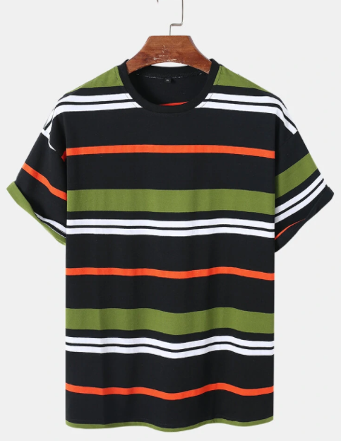 Mens Colorful Horizontal Stripe Crew Neck Cotton Short Sleeve T-Shirts discountshub