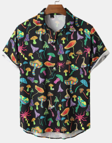 Mens Colorful Mushroom Print Button Up Street Short Sleeve Shirts discountshub