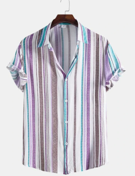 Mens Colorful Vertical Stripes Short Sleeve Button Up Shirt discountshub