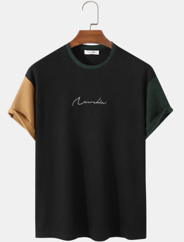 Mens Design Embroidery Contrasting Color Patchwork Short Sleeve T-Shirt discountshub