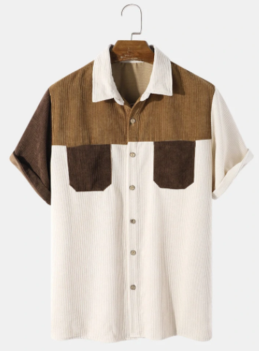 Mens Double Pocket Contrasting Patchwork Corduroy Button Up Shirt discountshub