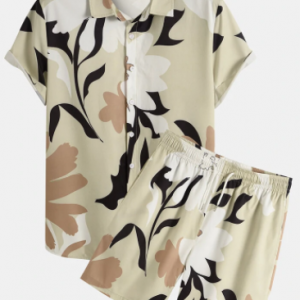 Mens Floral Print Button Up Drawstring Shorts Holiday Two Pieces Outfits discountshub