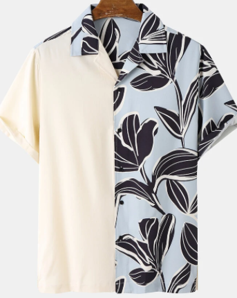 Mens Floral Print Patchwork Revere Collar Short Sleeve Shirts discountshub