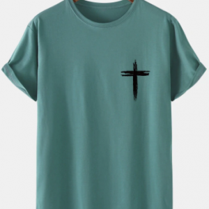 Mens Graffiti Cross Print 100% Cotton Simple Short Sleeve T-Shirt discountshub