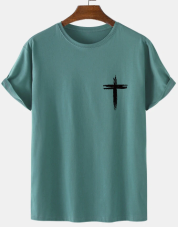 Mens Graffiti Cross Print 100% Cotton Simple Short Sleeve T-Shirt discountshub