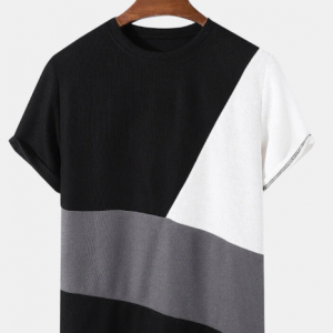 Mens Knitted Patchwork Plain Texture Short Sleeve T-Shirt discountshub