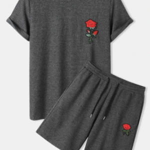 Mens Knitted Rose Embroidery Patched Short Sleeve T-Shirt & Drawstring Shorts Co-ords discountshub