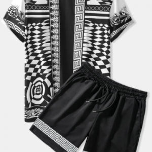 Mens Monochrome Baroque Geo Print Crew Neck Vintage Two Pieces Outfits discountshub