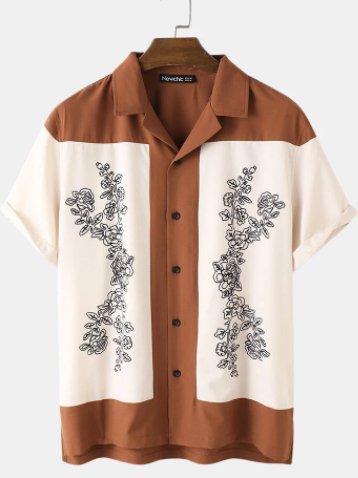 Mens Revere Collar Abstract Flower Patchwork Print Short Sleeve Shirt discountshub