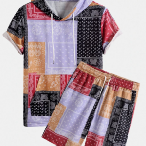 Mens Square Scarf Paisley Print Hooded Kangaroo Pocket Two Piece Outfits discountshub