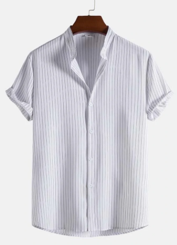 Mens Striped Grandad Collar Short Sleeve White Shirt discountshub
