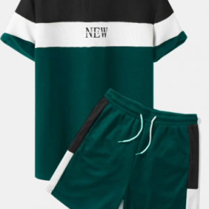 Preppy Mens Patchwork Letter Color Crew Neck Short Sleeve Two Pieces Outfits discountshub