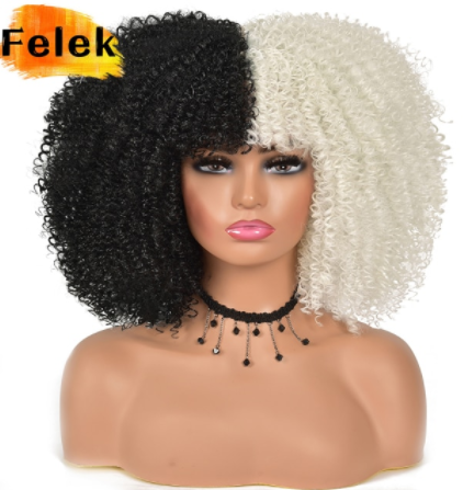 Short Hair Afro Kinky Curly Wigs With Bangs For Black Women African Synthetic Ombre Glueless Cosplay Wigs High Temperature Felek discountshub