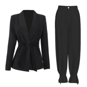 TWOTWINSTYLE Solid Color Korean Two Piece Set Women Blazer High Waist Belt Lace-up Straight Pants Suits Female 2021 Fashion New discountshub