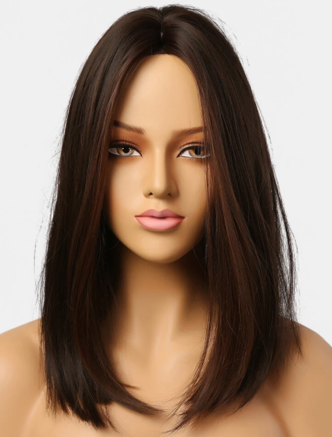 16 Inch Black-Brown Mixed Color Medium-Long Straight Hair Part Lace Full Head Cover Wig discountshub