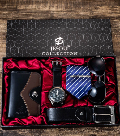 5 Pcs Men Business Watch Set Chronograph Quartz Watch Belt Wallet Glasses Tie Gift Kit discountshub
