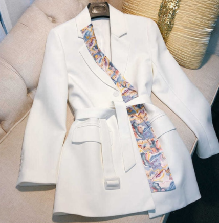 Fitaylor Spring Autumn Women Irregular Splicing Silk Scarf Blazer Lady Office Slim Jacket Plus Size Solid Color Coat with Belt discountshub