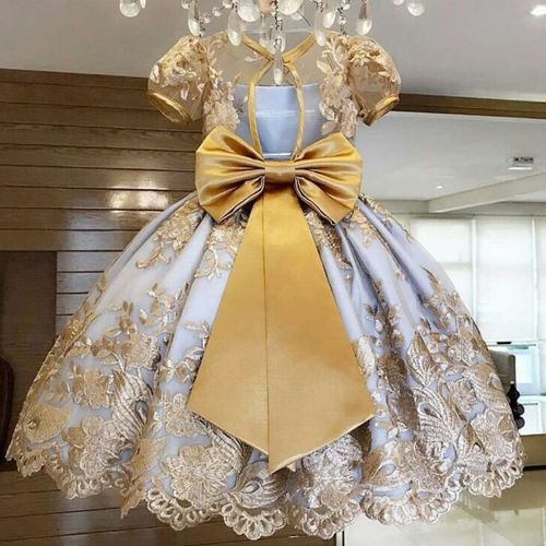 Girls Cute Princess Dress Lace Bow Dress-Gold/Yellow discountshub