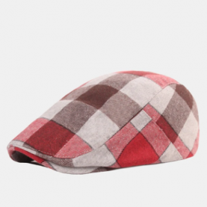 Men Cotton Gingham Pattern Adjustable Warmth Forward Hat Beret Flat Cap discountshub