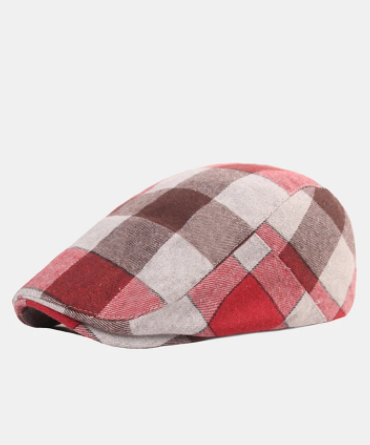 Men Cotton Gingham Pattern Adjustable Warmth Forward Hat Beret Flat Cap discountshub